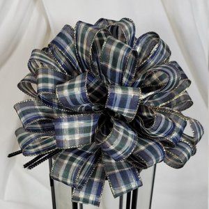 Christmas Tree Bow Topper, Blue Green Plaid Bow Tree Topper, 44‎ Loop, 10 inches